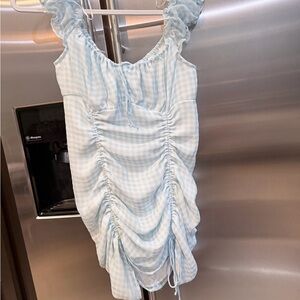 Cotton Candy Light Blue Gingham Ruched Mini Dress